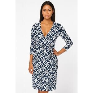 Nikki Poulos Wrap Dress Bold Blue White Geo Print 1X Australian Born‎ Designer
